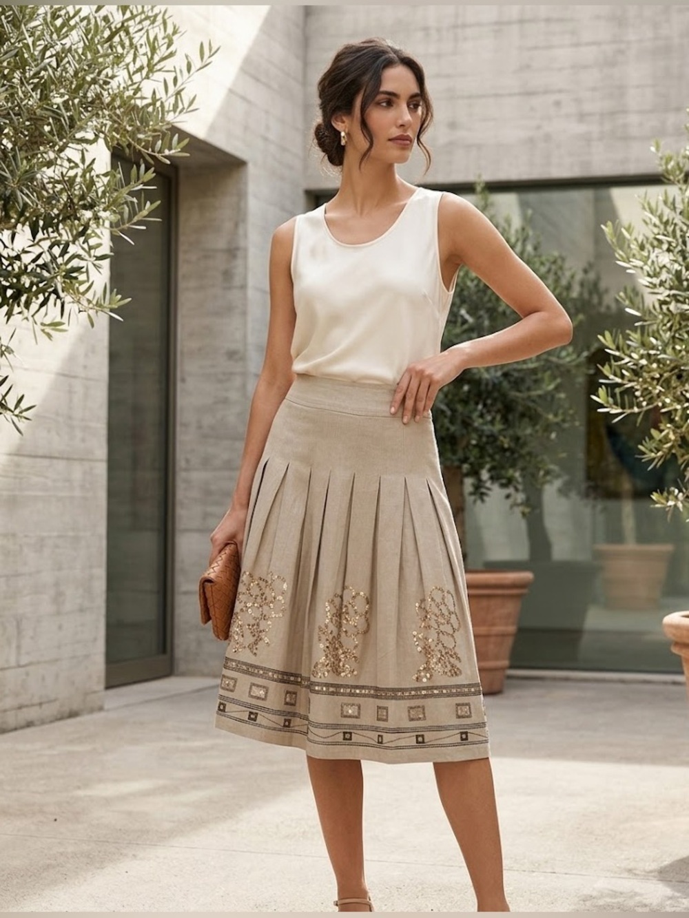 Tribal Linen Blend Elegant Beige Sequin Embellished Skirt Size 10